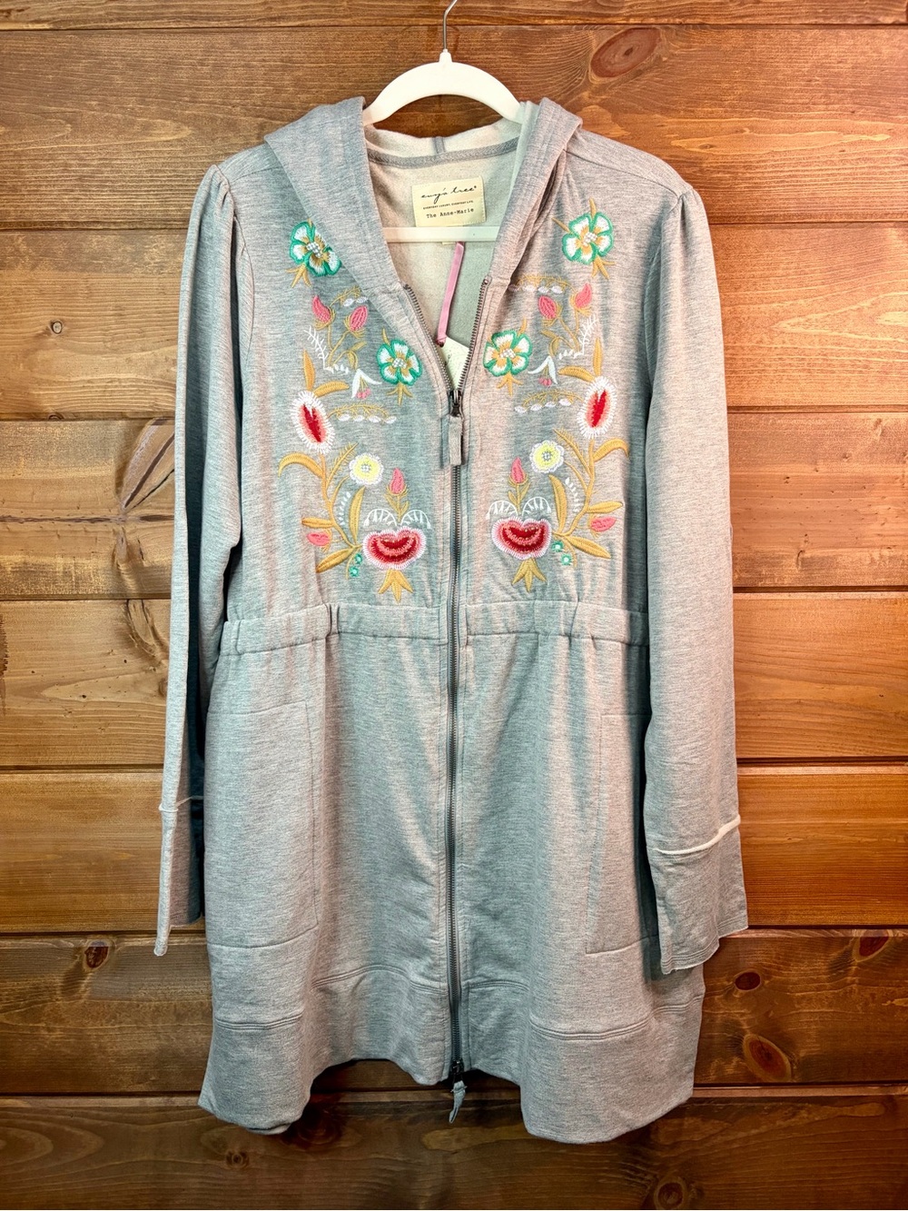 evy's tree Gray Long Hooded Zip Sweatshirt with Floral Embroidery Size 2X 💕